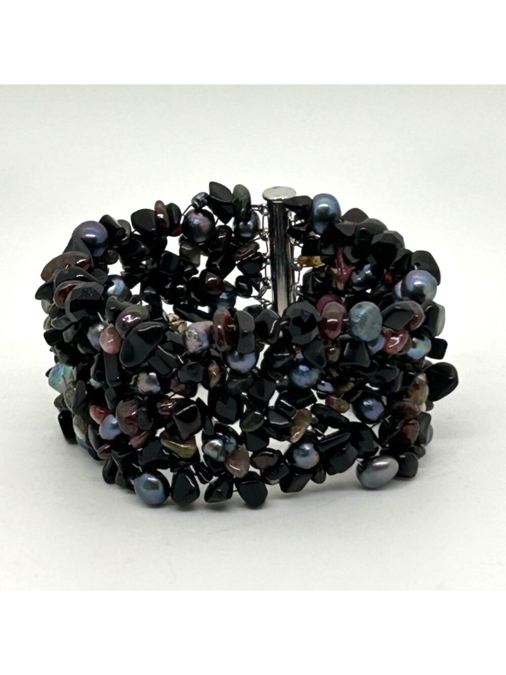 Vintage Multi-Strand Wire Cuff Bracelet With Faux Pearl & Chunky Beads In Silver
